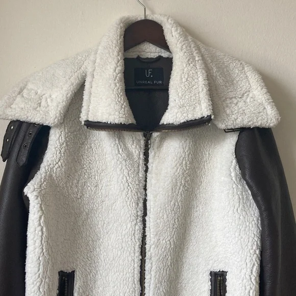 UNREAL FUR Symbiosis Aviator Jacket Faux Leather / Sherpa Fur Size S - Picture 3 of 16